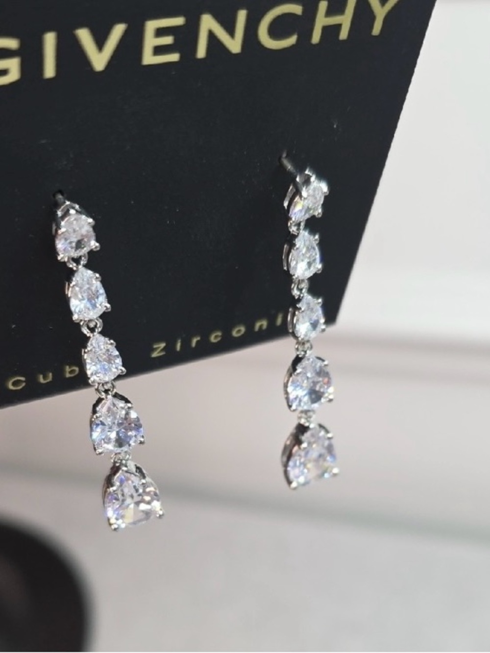 Givenchy Silver Teardrop Linear CZ Earrings - White Crystal- NWT - Picture 4 of 7